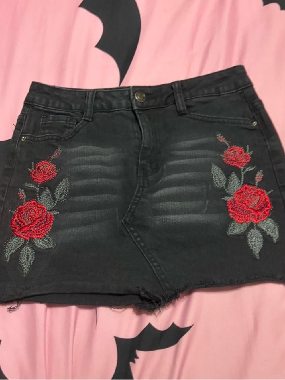 Black Denim Mini Skirt with Red Rose Embroidery